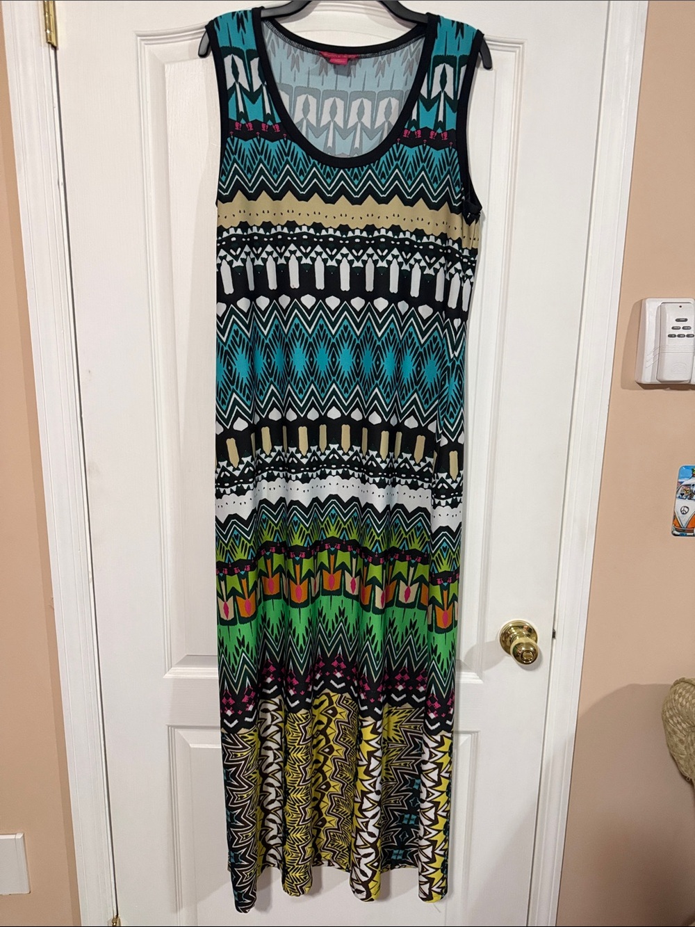 Sunny Leigh Teal, Green, Yellow & Black Geometric Maxi Dress